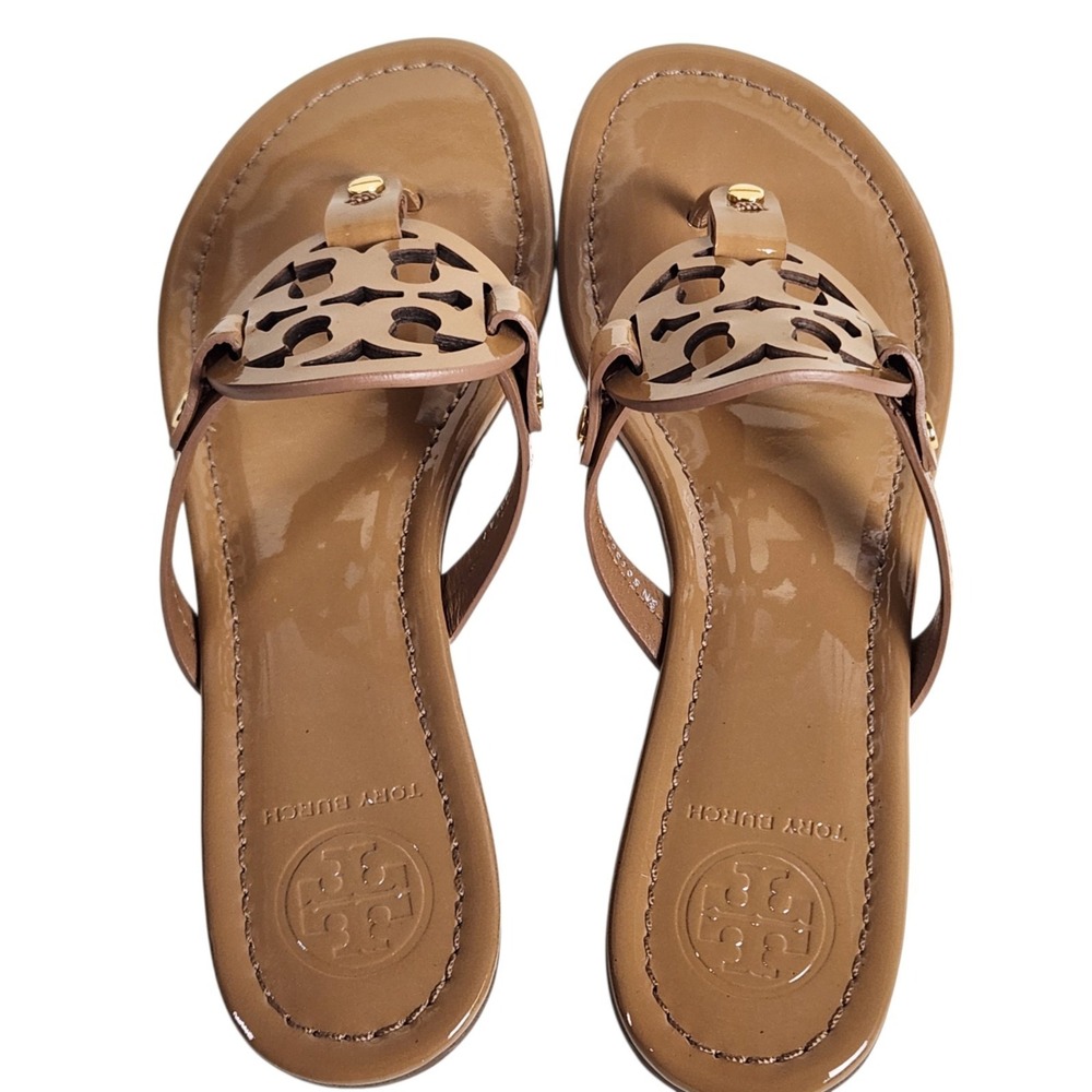 Tory Burch Miller Patent Sandals Women Size 8 Sand Leather Thong New In Box - Picture 4 of 8